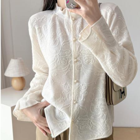 FA52045# 高品质设计师款全羊毛提花木耳领袖针织开衫  服裝批發女裝批發服飾貨源