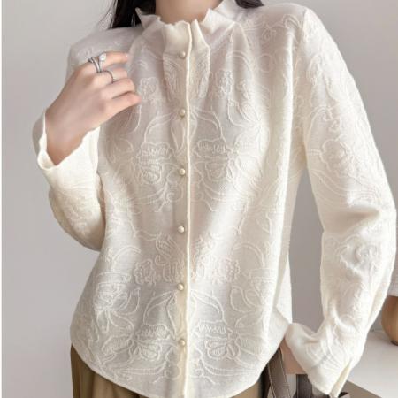 FA52045# 高品质设计师款全羊毛提花木耳领袖针织开衫  服裝批發女裝批發服飾貨源