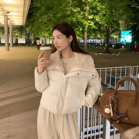 FA52047# 冬新款羊羔毛大翻领韩系宽松短款女PU皮时尚棉服外套  服裝批發女裝批發服飾貨源