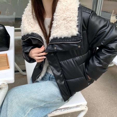 FA52047# 冬新款羊羔毛大翻领韩系宽松短款女PU皮时尚棉服外套  服裝批發女裝批發服飾貨源