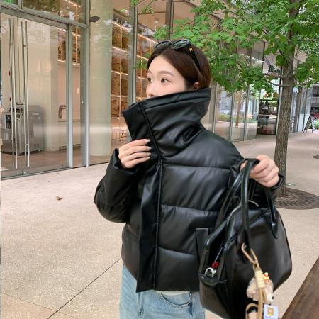 FA52047# 冬新款羊羔毛大翻领韩系宽松短款女PU皮时尚棉服外套  服裝批發女裝批發服飾貨源