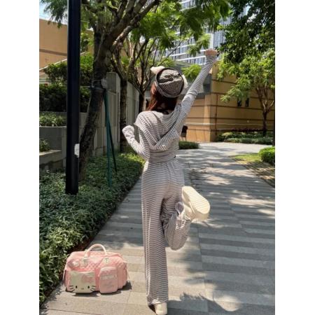 FA52048# 慵懒猫咪韩系条纹连帽开衫外套蕾丝背心穿搭阔腿长裤子一整套ins  服裝批發女裝批發服飾貨源