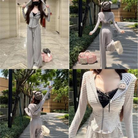 FA52048# 慵懒猫咪韩系条纹连帽开衫外套蕾丝背心穿搭阔腿长裤子一整套ins  服裝批發女裝批發服飾貨源