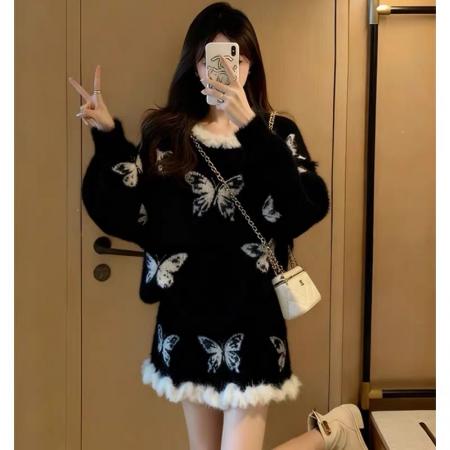 FA52050# 蝴蝶印花拼接毛边设计感针织套装女秋冬慵懒风显瘦减龄两件套  服裝批發女裝批發服飾貨源