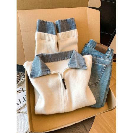 FA52051# 牛仔拼接翻领假两件长袖针织开衫女秋冬新款时尚宽松毛衣外套  服裝批發女裝批發服飾貨源