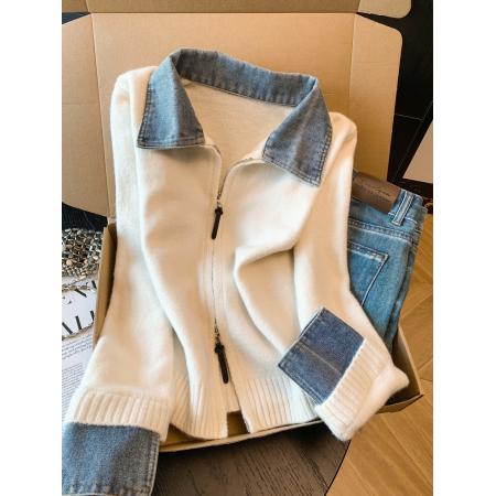 FA52051# 牛仔拼接翻领假两件长袖针织开衫女秋冬新款时尚宽松毛衣外套  服裝批發女裝批發服飾貨源