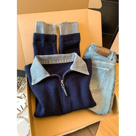 FA52051# 牛仔拼接翻领假两件长袖针织开衫女秋冬新款时尚宽松毛衣外套  服裝批發女裝批發服飾貨源