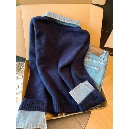 FA52051# 牛仔拼接翻领假两件长袖针织开衫女秋冬新款时尚宽松毛衣外套  服裝批發女裝批發服飾貨源