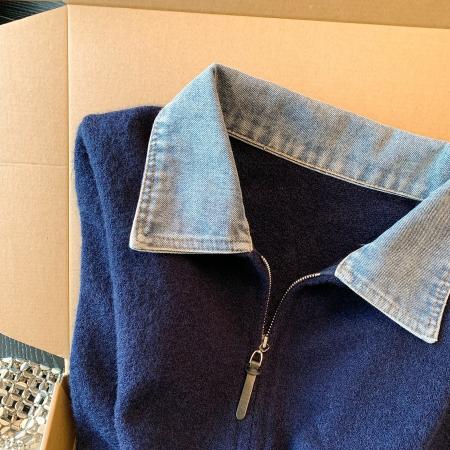 FA52051# 牛仔拼接翻领假两件长袖针织开衫女秋冬新款时尚宽松毛衣外套  服裝批發女裝批發服飾貨源