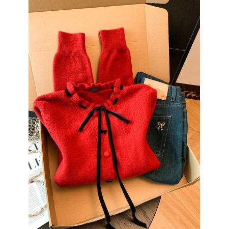 FA52052# 法式小香风蝴蝶结立领毛衣女秋冬开衫针织衫高级感打底上衣  服裝批發女裝批發服飾貨源