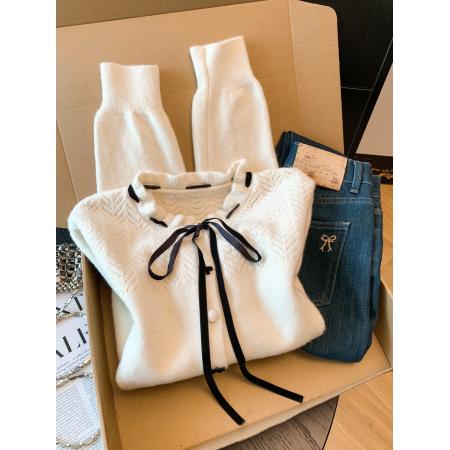 FA52052# 法式小香风蝴蝶结立领毛衣女秋冬开衫针织衫高级感打底上衣  服裝批發女裝批發服飾貨源