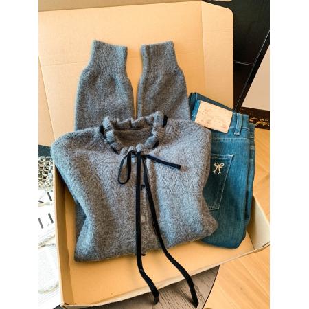 FA52052# 法式小香风蝴蝶结立领毛衣女秋冬开衫针织衫高级感打底上衣  服裝批發女裝批發服飾貨源