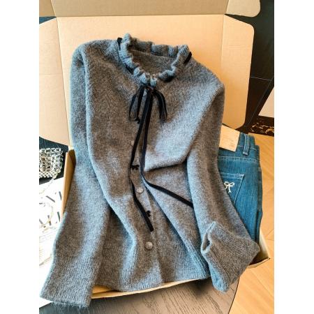 FA52052# 法式小香风蝴蝶结立领毛衣女秋冬开衫针织衫高级感打底上衣  服裝批發女裝批發服飾貨源