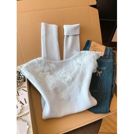 FA52053# 法式纯欲仙气水钻刺绣花朵蕾丝老钱设计内搭打底针织衫毛衣  服裝批發女裝批發服飾貨源