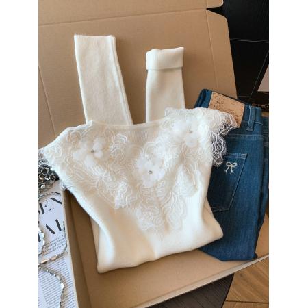 FA52053# 法式纯欲仙气水钻刺绣花朵蕾丝老钱设计内搭打底针织衫毛衣  服裝批發女裝批發服飾貨源