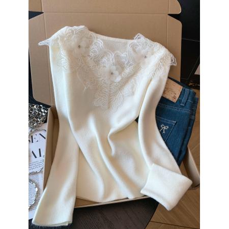 FA52053# 法式纯欲仙气水钻刺绣花朵蕾丝老钱设计内搭打底针织衫毛衣  服裝批發女裝批發服飾貨源