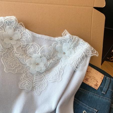 FA52053# 法式纯欲仙气水钻刺绣花朵蕾丝老钱设计内搭打底针织衫毛衣  服裝批發女裝批發服飾貨源