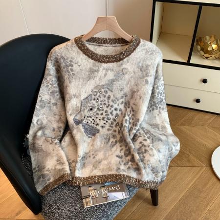 FA52054# 法式氛围感轻奢撞色豹纹毛衣女秋冬重工钉珠亮片针织长袖上衣  服裝批發女裝批發服飾貨源