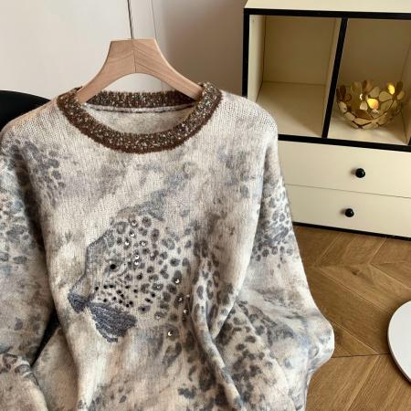 FA52054# 法式氛围感轻奢撞色豹纹毛衣女秋冬重工钉珠亮片针织长袖上衣  服裝批發女裝批發服飾貨源