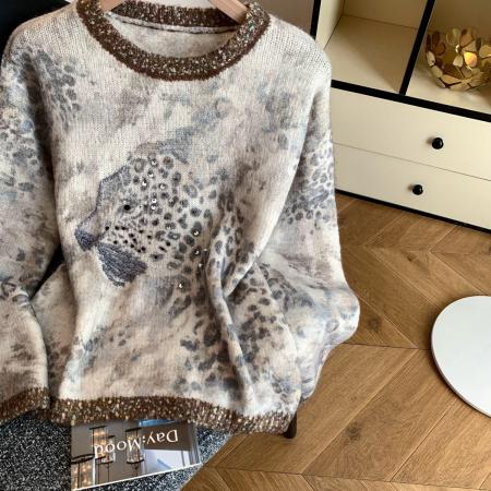 FA52054# 法式氛围感轻奢撞色豹纹毛衣女秋冬重工钉珠亮片针织长袖上衣  服裝批發女裝批發服飾貨源