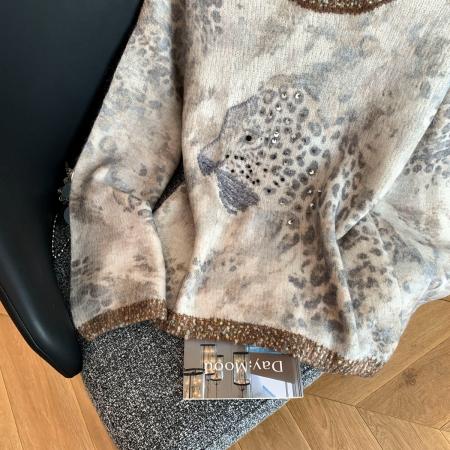 FA52054# 法式氛围感轻奢撞色豹纹毛衣女秋冬重工钉珠亮片针织长袖上衣  服裝批發女裝批發服飾貨源