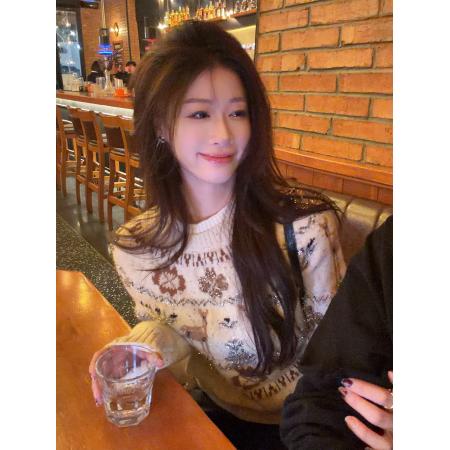 FA52055# 小鹿斑比冬季重工提花银丝纱圆领套头毛衣  服裝批發女裝批發服飾貨源