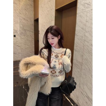 FA52055# 小鹿斑比冬季重工提花银丝纱圆领套头毛衣  服裝批發女裝批發服飾貨源