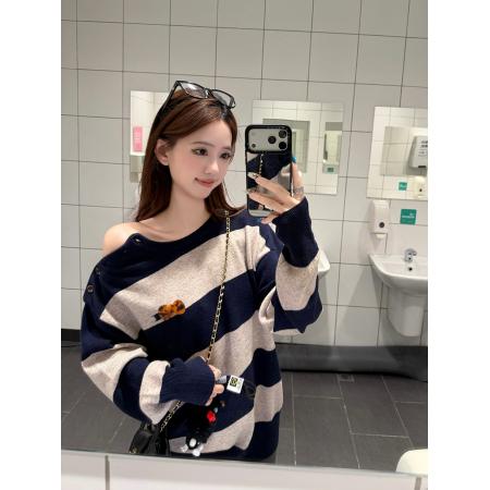 FA52056# 2way条纹松弛感撞色条纹套头毛衣纽扣长袖针织衫上衣  服裝批發女裝批發服飾貨源