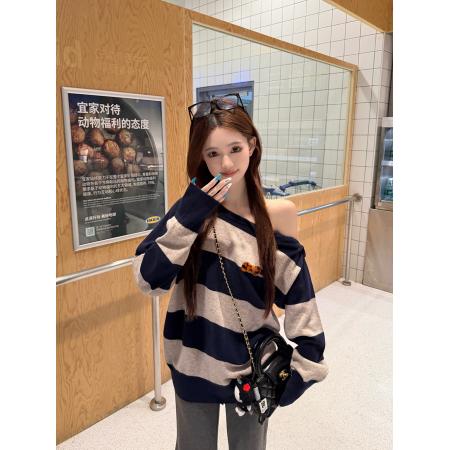 FA52056# 2way条纹松弛感撞色条纹套头毛衣纽扣长袖针织衫上衣  服裝批發女裝批發服飾貨源