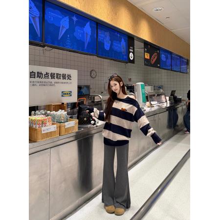 FA52056# 2way条纹松弛感撞色条纹套头毛衣纽扣长袖针织衫上衣  服裝批發女裝批發服飾貨源