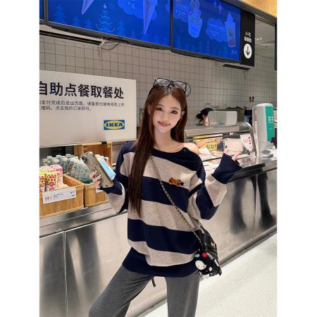 FA52056# 2way条纹松弛感撞色条纹套头毛衣纽扣长袖针织衫上衣  服裝批發女裝批發服飾貨源