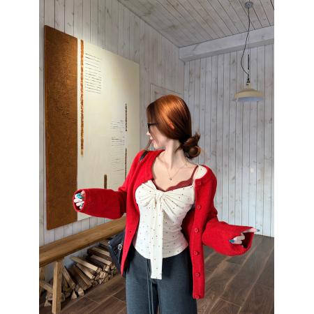 FA52057# 波点少女甜美绑带长袖T恤女冬季内搭上衣+红色针织开衫  服裝批發女裝批發服飾貨源