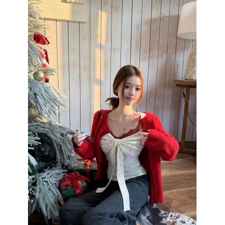 FA52057# 波点少女甜美绑带长袖T恤女冬季内搭上衣+红色针织开衫  服裝批發女裝批發服飾貨源