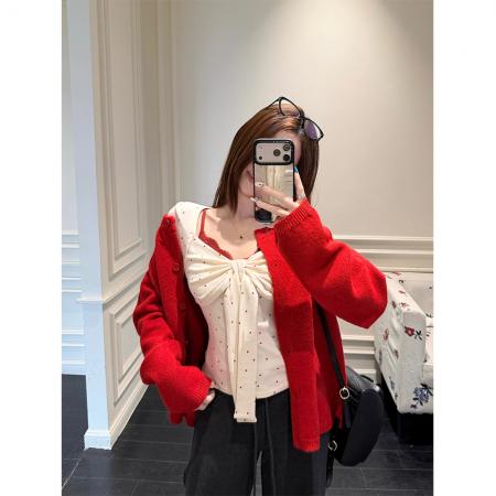 FA52057# 波点少女甜美绑带长袖T恤女冬季内搭上衣+红色针织开衫  服裝批發女裝批發服飾貨源