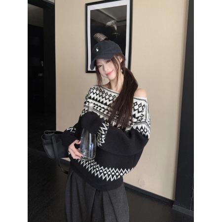 FA52058# 费尔岛软糯厚实复古老钱撞色提花套头毛衣  服裝批發女裝批發服飾貨源