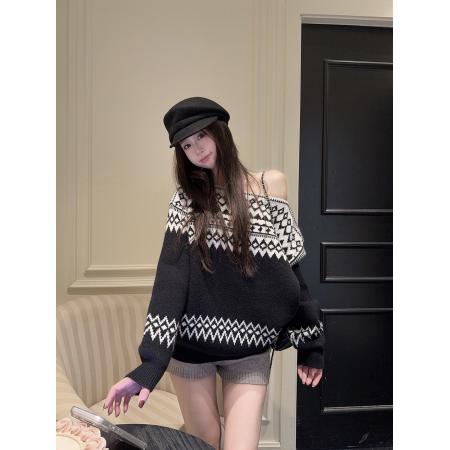 FA52058# 费尔岛软糯厚实复古老钱撞色提花套头毛衣  服裝批發女裝批發服飾貨源