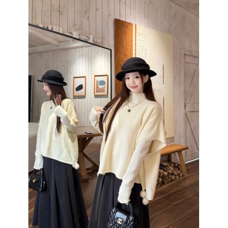 FA52060# 格温多琳时尚休闲蝙蝠袖小众上衣内搭+斗篷两件套  服裝批發女裝批發服飾貨源