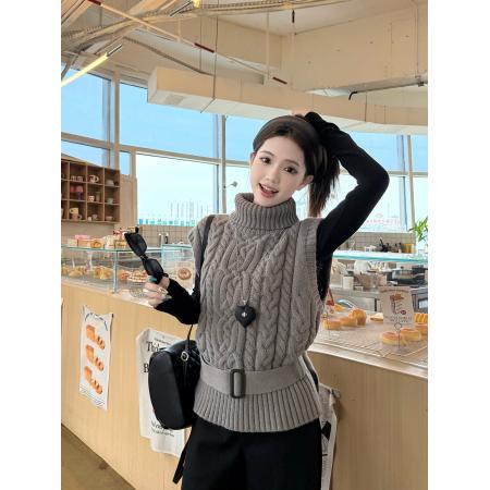 FA52061# 高领针织叠穿马甲背心+磨毛加绒内搭+黑色长裤三件套  服裝批發女裝批發服飾貨源