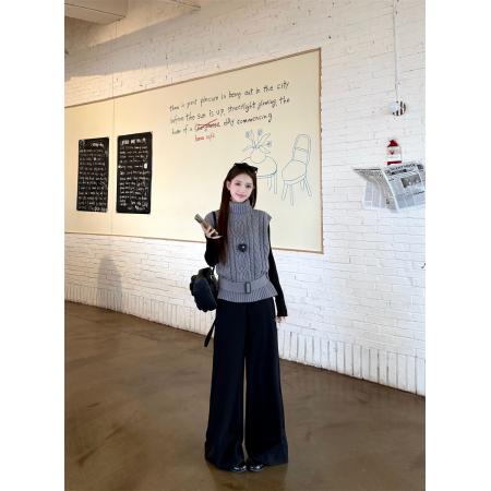 FA52061# 高领针织叠穿马甲背心+磨毛加绒内搭+黑色长裤三件套  服裝批發女裝批發服飾貨源