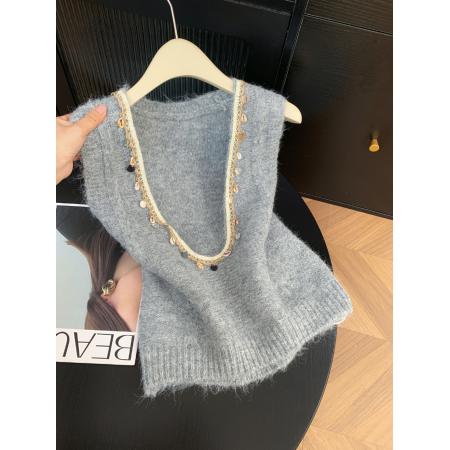 FA52063# 法式重工仿贝壳无袖背心针织衫女设计感毛衣  服裝批發女裝批發服飾貨源