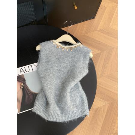 FA52063# 法式重工仿贝壳无袖背心针织衫女设计感毛衣  服裝批發女裝批發服飾貨源