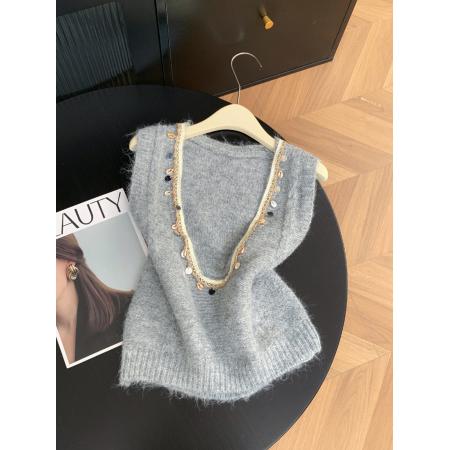 FA52063# 法式重工仿贝壳无袖背心针织衫女设计感毛衣  服裝批發女裝批發服飾貨源