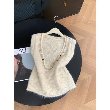 FA52063# 法式重工仿贝壳无袖背心针织衫女设计感毛衣  服裝批發女裝批發服飾貨源