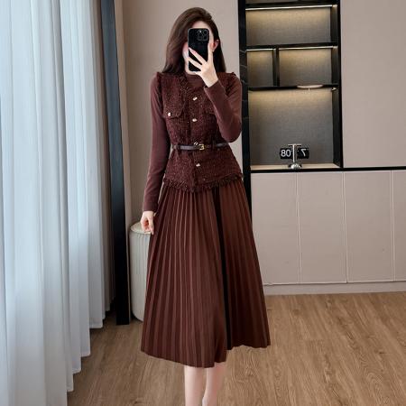 FA52067# 马甲连衣裙套装裙女秋冬新款巨好看高端轻奢小香风名媛一整套  服裝批發女裝批發服飾貨源