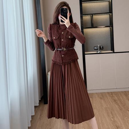 FA52067# 马甲连衣裙套装裙女秋冬新款巨好看高端轻奢小香风名媛一整套  服裝批發女裝批發服飾貨源