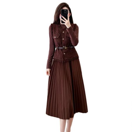 FA52067# 马甲连衣裙套装裙女秋冬新款巨好看高端轻奢小香风名媛一整套  服裝批發女裝批發服飾貨源