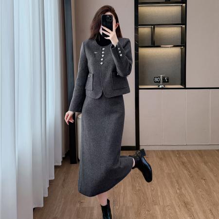 FA52069# 毛呢西装套装裙女秋冬新款高级感气质名媛小香风职业装  服裝批發女裝批發服飾貨源