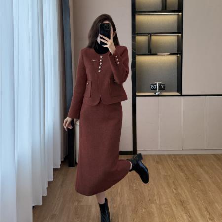 FA52069# 毛呢西装套装裙女秋冬新款高级感气质名媛小香风职业装  服裝批發女裝批發服飾貨源