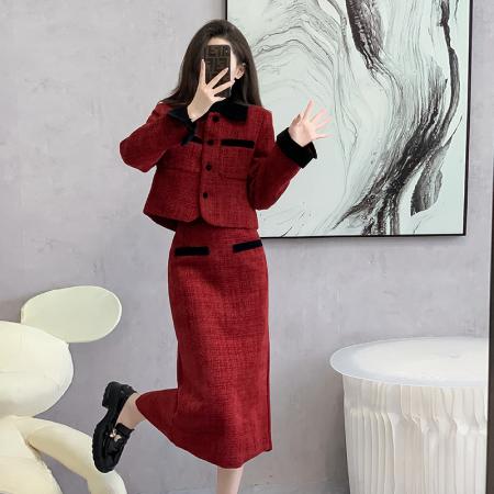 FA52070# 高个子秋冬季红色订婚小香风千金套装裙胖mm大码加长版大骨架穿搭  服裝批發女裝批發服飾貨源