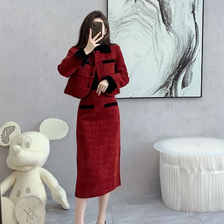 FA52070# 高个子秋冬季红色订婚小香风千金套装裙胖mm大码加长版大骨架穿搭  服裝批發女裝批發服飾貨源